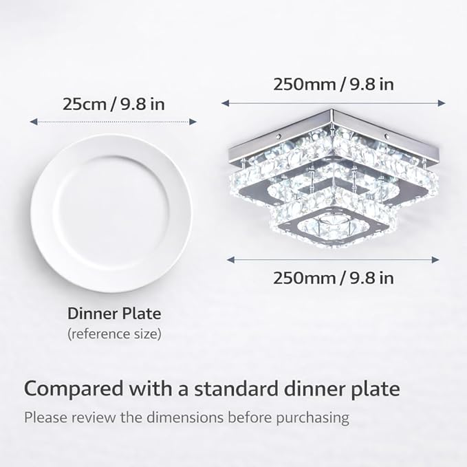 Finktonglan 9.8" Square Crystal Flush Mount LED Ceiling Light, Cool White 6500K, K9 Crystal Mirror Base, Close-to-Ceiling, Non-Dimmable, 85–260V