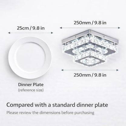 Finktonglan 9.8" Square Crystal Flush Mount LED Ceiling Light, Cool White 6500K, K9 Crystal Mirror Base, Close-to-Ceiling, Non-Dimmable, 85–260V