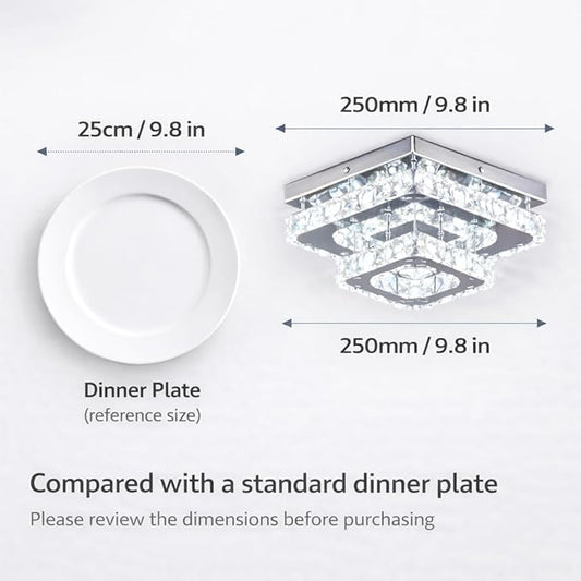 Finktonglan 9.8" Square Crystal Flush Mount LED Ceiling Light, Cool White 6500K, K9 Crystal Mirror Base, Close-to-Ceiling, Non-Dimmable, 85–260V