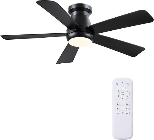 Hounberi 46 Inch Low Profile Ceiling Fan with Light, Modern Flush Mount Ceiling Fans for Low Ceilings, Quiet DC Motor Bedroom Fan, 3CCT Dimmable, Reversible Blades, High Airflow, Energy Saving, Black