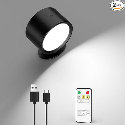 LED Wall Mounted Lights 2 Pcs with Remote, Rechargeable Wall Sconce with 3 Color Temps & Dimmable Magnetic 360° Rotation Cordless Light for Bedroom Reading Bedside (Black, 1 Pack)