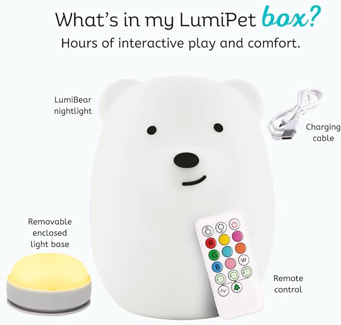 Lumipets Benny the Bear Squishy Silicone Night Light for Kids | Cute Night Light with Remote & Touch Control for Girls & Boys | 9 Color Changing Soft Portable Animal Lamp Comes with USB Cord