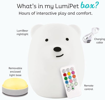 Lumipets Benny the Bear Squishy Silicone Night Light for Kids | Cute Night Light with Remote & Touch Control for Girls & Boys | 9 Color Changing Soft Portable Animal Lamp Comes with USB Cord