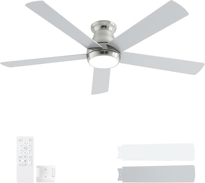 POCHFAN 60 Inch Brushed Nickel Ceiling Fans with Lights and Remote, LED Low Profile Flush Mount Ceiling Fan for Bedroom, Living Room, Quiet DC Motor, Dimmable 6 Speeds