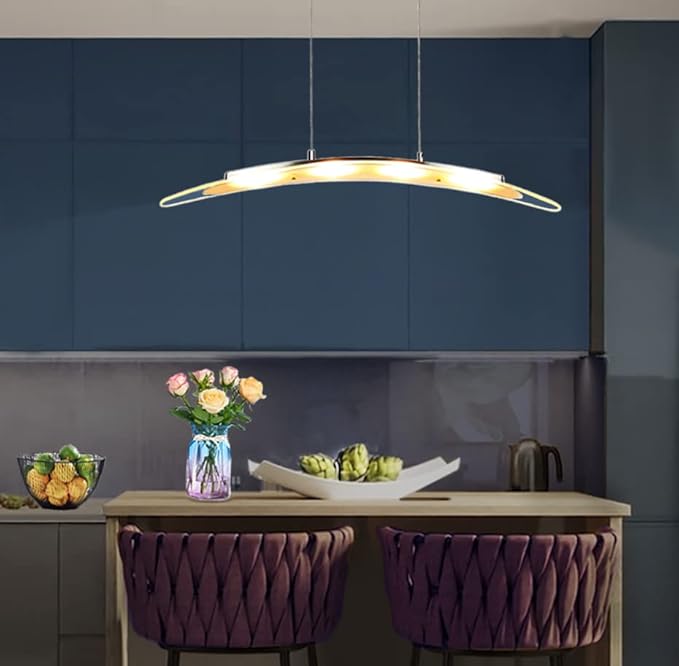 LED Pendant Light Chandelier Streamlined Cambered Glass Hanging Lamp 31.5“ 18W Warm Colored Height Adjustable for Kitchen Island Dining Study Room Restaurant Housewarming, Satin Nickel.