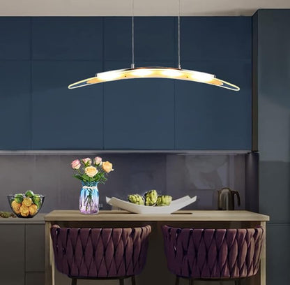 LED Pendant Light Chandelier Streamlined Cambered Glass Hanging Lamp 31.5“ 18W Warm Colored Height Adjustable for Kitchen Island Dining Study Room Restaurant Housewarming, Satin Nickel.