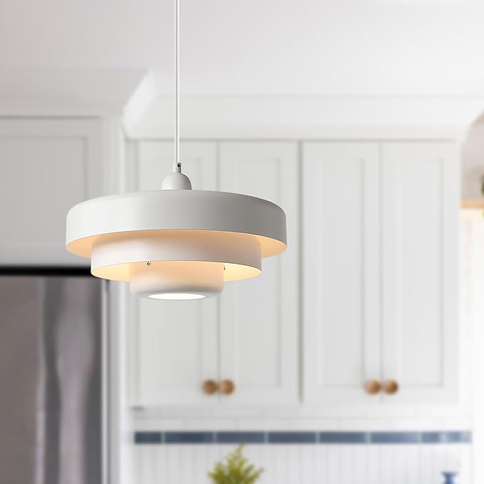 White 3-Tier Pendant Light Fixture, 13.8" Large Mid Century Modern Adjustable Hanging Ceiling Lamp, E26 Base Retro Farmhouse Pendant Lighting for Kitchen Island Dining Room Living Room Bedroom