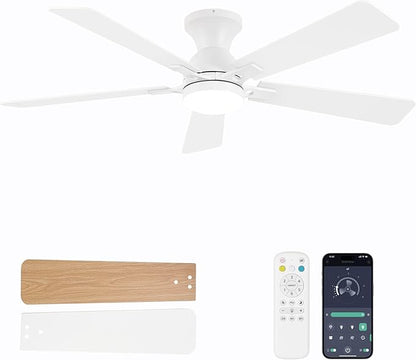 Ceiling Fans with Lights and Remote, 52 Inch White Ceiling Fan with Light, Low Profile Reversible Fandelier Ceiling Fan, Dimmable LED, Flush Mount, Quiet DC Motor, for Bedroom Kitchen