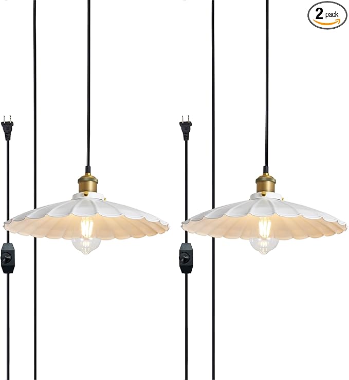 Hanging Lamp Plug in White 15.7 Inch Metal Lampshade Pendant Light Adjustable 14Ft Cord Pendant Light Plug in Living Room Bedroom Farmhouse Industrial Hanging Lights 2Pack