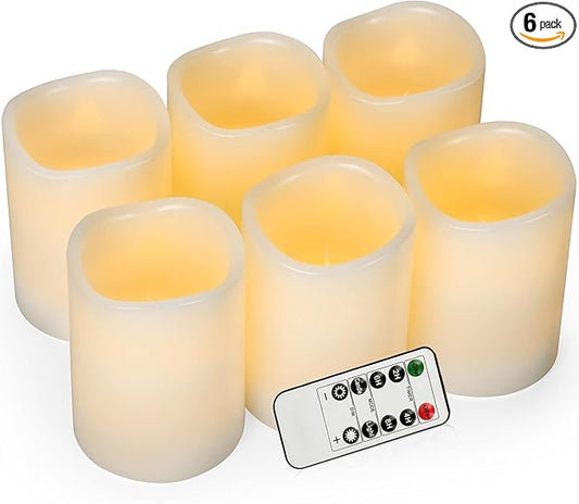 AKU TONPA Flameless Candles Battery Operated Pillar Real Wax Flickering Electric LED Candle Gift Sets with Remote Control Cycling 24 Hours Timer, Pack of 6 (3" D x 4" H, Ivory)