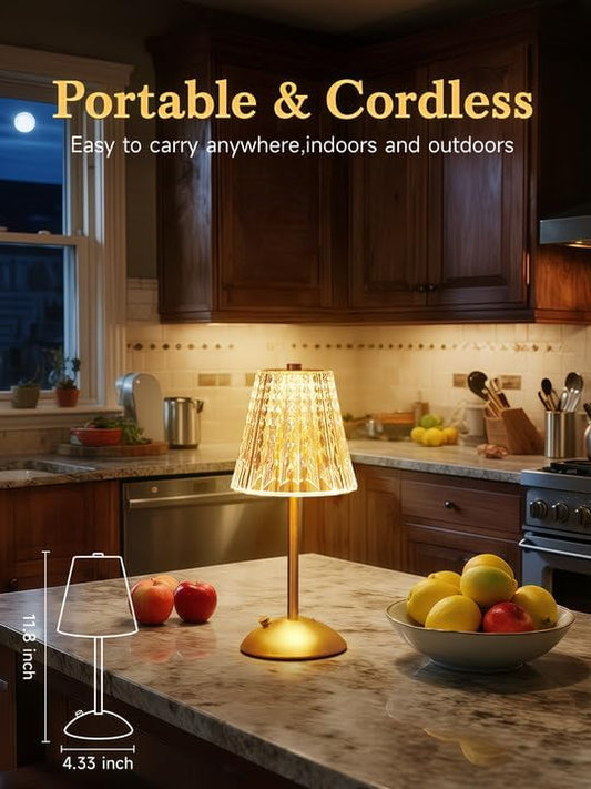Crystal Cordless Lamp, Dimmable+3 Colors Rechargeable Lamp, Touch+2000mAh Battery Operated Vintage Ambient Light for Kitchen/Bedroom/Bathroom Shower, College Gifts, Mothers Day Gifts for Wife Daughter