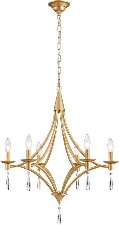 Modern Gold Crystal Chandelier, 6-Lights Farmhouse Chandeliers for Dining Room Light Fixtures Hanging Pendant Light, Modern Candle Chandelier for Bedroom Foyer Living Room Kitchen Island Entryway