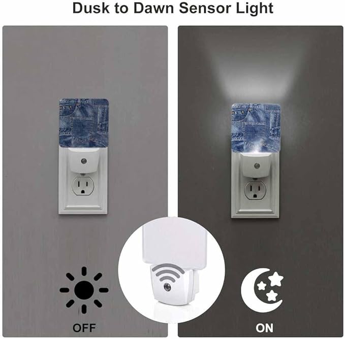 Denim Patchwork Night Light Plug-into Wall Indigo Blue Nightlight Lamp with Dusk to Dawn Sensor, Led Lamp 0.5W Energy Efficient for Home Decor