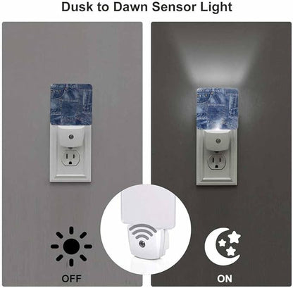 Denim Patchwork Night Light Plug-into Wall Indigo Blue Nightlight Lamp with Dusk to Dawn Sensor, Led Lamp 0.5W Energy Efficient for Home Decor