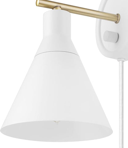 Globe Electric 65542 1-Light Plug-in or Hardwire Wall Sconce, Matte White, Brass Accent, Stepless Dimming Rotary Switch, Fabric Cord, Modern Lighting for Apartment or Renters, Home Decor