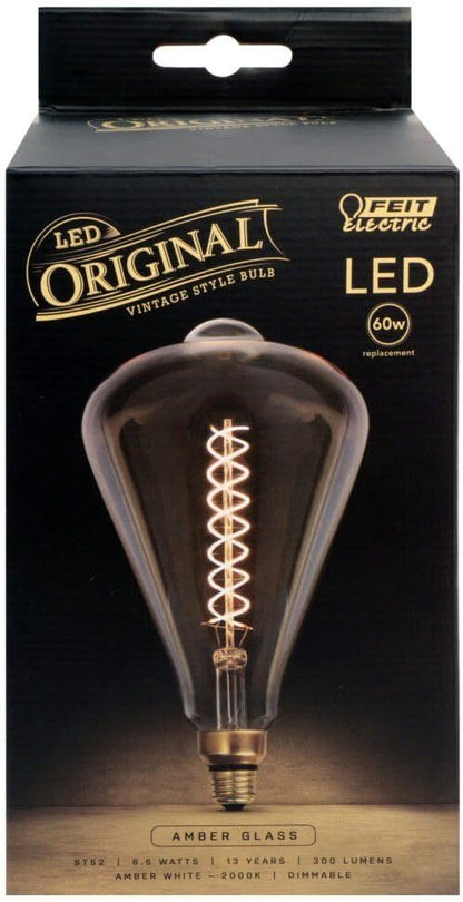 Feit Electric Vintage Exposed Filament Amber Glass LED ST52 with a Medium E26 Base Light Bulb - 60W Equivalent - 10 Year Life - 300 Lumen - 2100K Soft White - Dimmable | Original Vintage