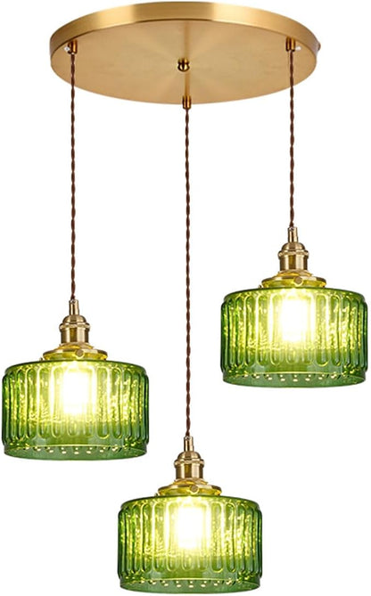 3-Light Modern Chandelier Pendant Light - Mid Century Sputnik Glass Globe With Green Striped Shade, Gold Adjustable Ceiling Lamp for Dining Room
