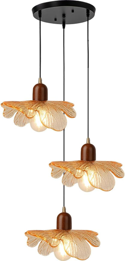 Glass Chandelier 3-Light Kitchen Island Pendant Light Shade Vintage Walnut Wood Chandeliers Amber Glass Hanging Pendant Lamp for Dining Room, Living Room, Bedroom