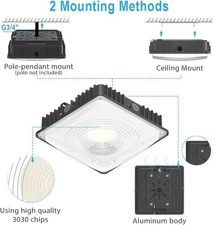 LED Canopy Lights Outdoor, with Selectable Wattage (100/80/60W) and CCT,IP65 Waterproof, for Carport, Gas Station, Tunnel, Warehouse, Inner Parkinglot,Shop Lights 10 * 10 (45W-6P)