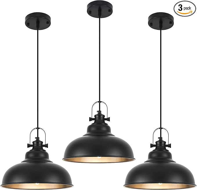 Black Pendant Lights Kitchen Island, 11.4 Inch Dome Pendant Light, Farmhouse Pendant Light, Island Pendant Light for Kitchen Island, Dining Room, Living Room (3 Pack)