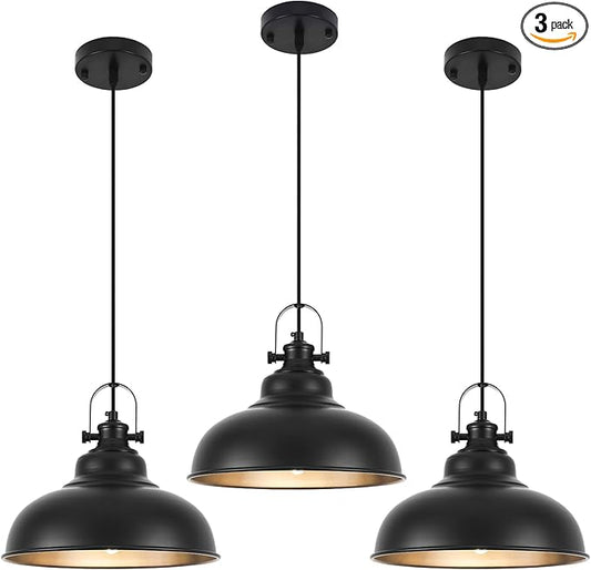 Black Pendant Lights Kitchen Island, 11.4 Inch Dome Pendant Light, Farmhouse Pendant Light, Island Pendant Light for Kitchen Island, Dining Room, Living Room (3 Pack)
