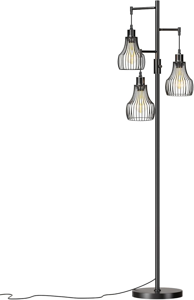 Ziisee Dimmable Floor Lamp, 3 x 800LM LED Edison Bulbs Included, Farmhouse Industrial Floor Lamp Standing Tree Lamp with Elegant Cage Tall Lamps for Living Room Bedroom Office - Black