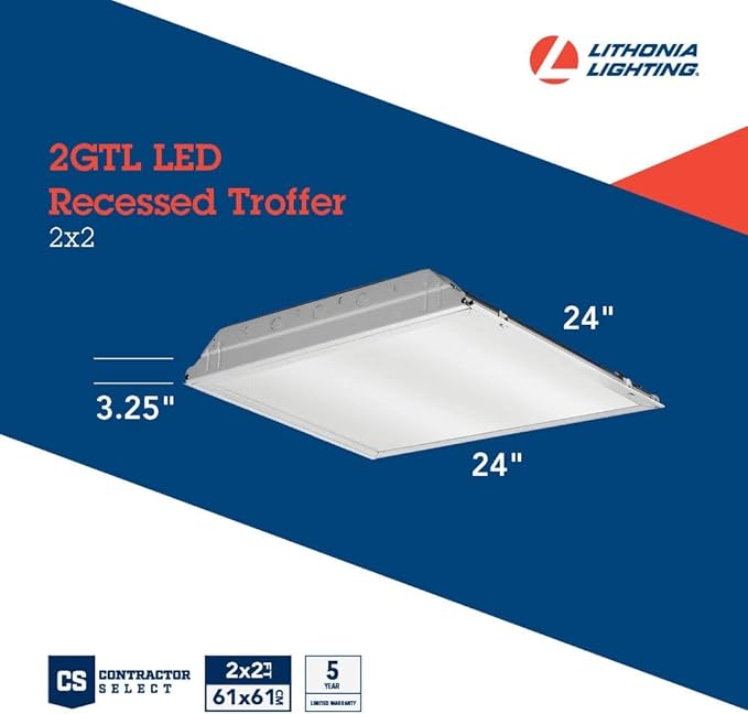 Lithonia Lighting 2x2 Lensed LED Troffer Light, Recessed LED Drop in Ceiling Light with Prismatic Lens for Grid Ceilings, 120 Volt, 4000K Cool White