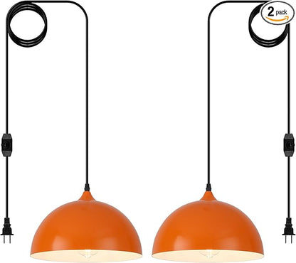 Orange Plug in Pendant Light 2 Packs 11.8inch, Modern Pendant Light, Kitchen Pendant Lights, Pendant Lights Kitchen Island, Hanging Lights with Plug in Cord 14.7 ft