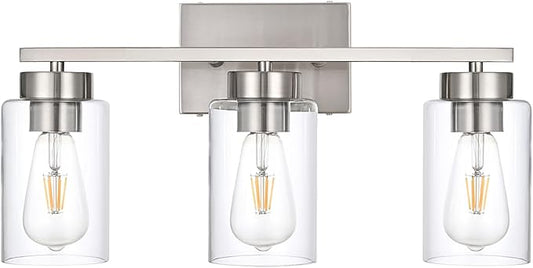 3-Light Bathroom Vanity Light, Modern Brushed Nickel Wall Lights with Clear Glass Shades, Bathroom Wall Sconce Lamp for Mirror Living Room Bedroom Hallway