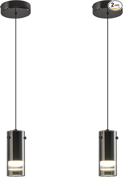 Black Pendant Light Fixtures, Adjustable Modern LED Smoky Gray Glass Pendant Lights for Kitchen Island, Single Hanging Pendant Lighting for Dining Table Hallway Bedroom Living Room(2-Pack)