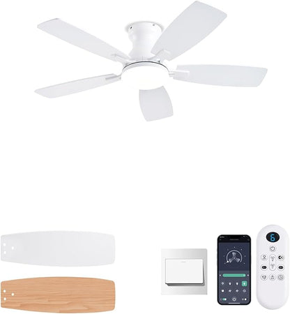 NKPU Ceiling Fans with Lights, Low Profile Ceiling Fan with Light and Remote/APP Control, DC Motor, Noiseless, Flush Mount, 42inch White Ceiling Fan for Bedroom Indoor/Outdoor Use