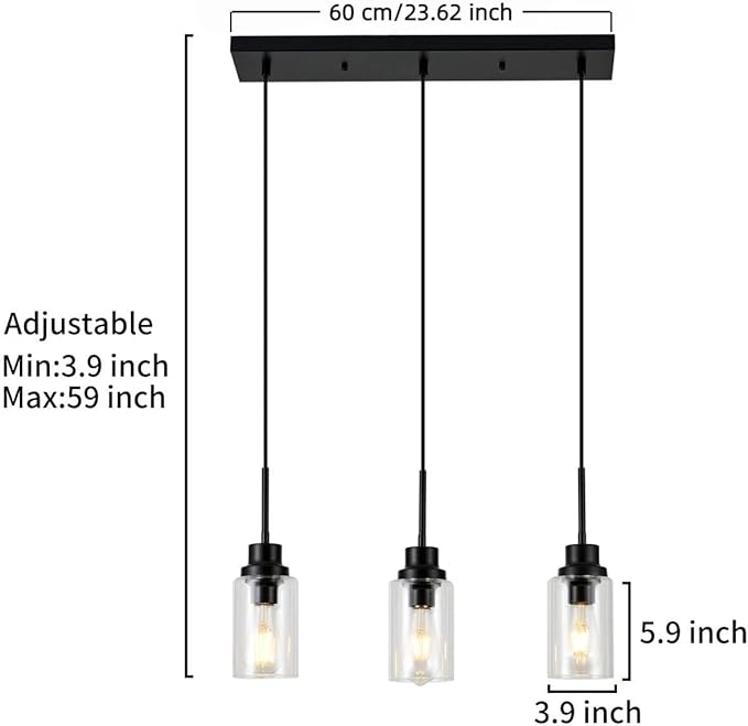 3-Lights Pendant Light Fixtures, Modern Black Kitchen Island Lighting with Clear Glass Shade, Adjustable Hanging Ceiling Lamp