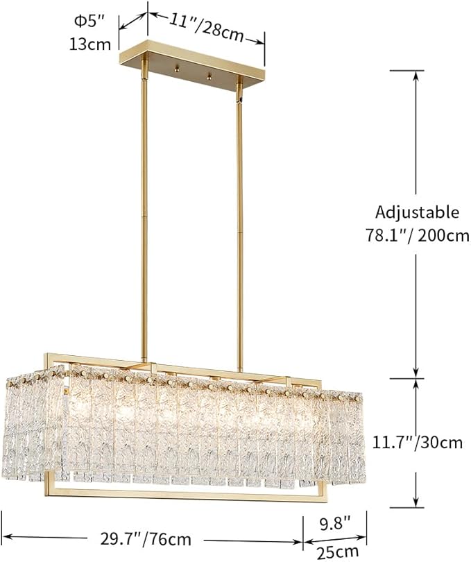 Shrine Lighting Gold Chandeliers, Modern Design, Rectangular Glass Chandelier for Living Space, L30'' × W10'' × H12'', Adjustable 78'', 6 x E12 Sockets, Glass LampShade & Brass Finish Frame