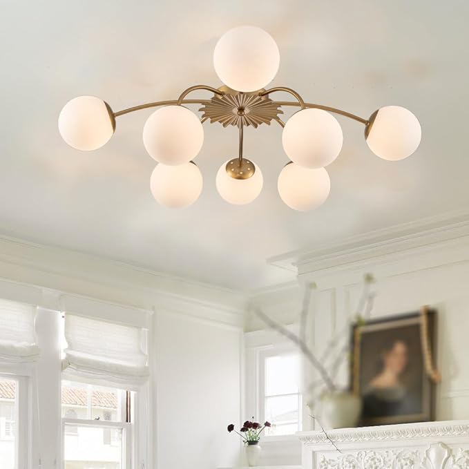 Longree 8-Light Blossom Milk Glass Flush Mount Ceiling Lights Gold and White Sputnik Chandelier, Opal Glass Bubble Starburst Light Fixture for Dining Bedroom Living Entry