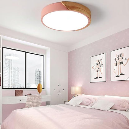 LED Ceiling Light Fixture,12 Inch Modern Wood Recessed Ceiling Lights, Dimmable Light,Pink 24W Close to Ceiling Lighting Flush Mount Living Room Bedroom,3000K-6000K