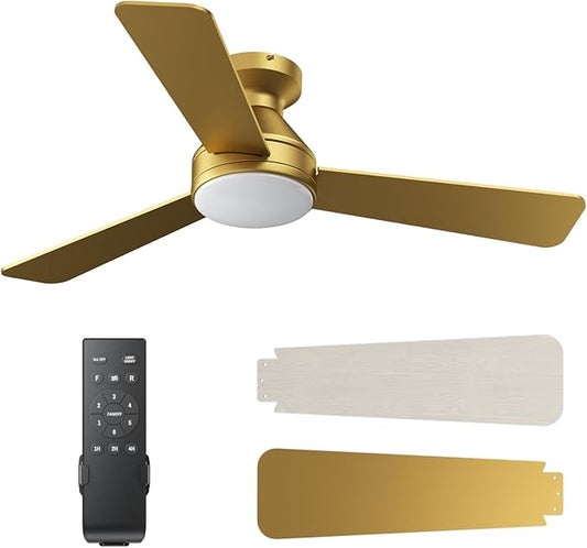 Ceiling Fans with Lights, 42 Inch Ceiling Fan with Light And Remote, 3CCT Flush Moun Low Profile Ceiling Fans, 6 Speed Noiseless LED Ceiling Fan, All Gold Ceilings Fan for Bedroom Living Room