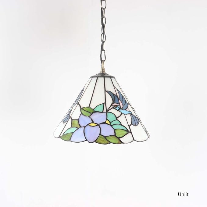 Bieye L11053 Hummingbird Flower Tiffany Style Stained Glass Ceiling Pendant Fixture for Home Decoration (Blue, 12-inch Wide)