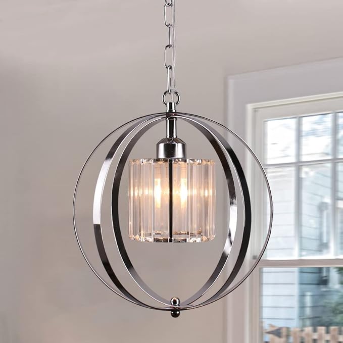 FRIXCHUR Farmhouse Chandelier Crystal Pendant Light Adjustable Hanging Light Fixtures Orb Globe Chandeliers for Kitchen Island Dining Room Foyer Bedroom (Chrome)