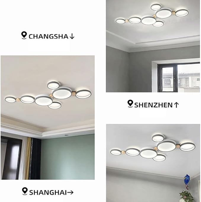 7-Lights LED Ceiling Light Fixture,42 Inch Modern Ceiling Lights Flush Mount Wooden 47W Dimmable Chandelier for Living Room Bedroom Kitchen,3000K/4000K/6000K Temperatures Selectable Grey