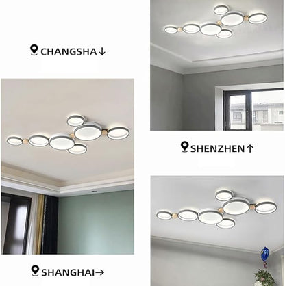 7-Lights LED Ceiling Light Fixture,42 Inch Modern Ceiling Lights Flush Mount Wooden 47W Dimmable Chandelier for Living Room Bedroom Kitchen,3000K/4000K/6000K Temperatures Selectable Grey