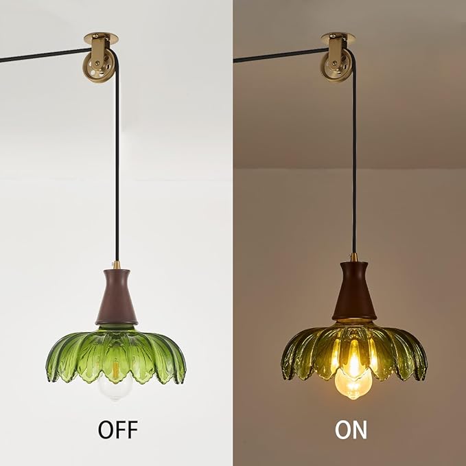 YLONG-ZS Plug-in Pendant Light, Vintage Green Glass Swag Hanging Lamp, Adjustable Pulley Cord, Walnut Stained Solid Wood Base, Mid Century Farmhouse Fixture, No Hardwiring for Kitchen, Dining, Bedroom