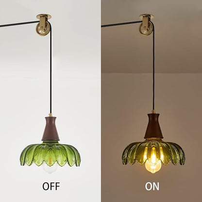 YLONG-ZS Plug-in Pendant Light, Vintage Green Glass Swag Hanging Lamp, Adjustable Pulley Cord, Walnut Stained Solid Wood Base, Mid Century Farmhouse Fixture, No Hardwiring for Kitchen, Dining, Bedroom