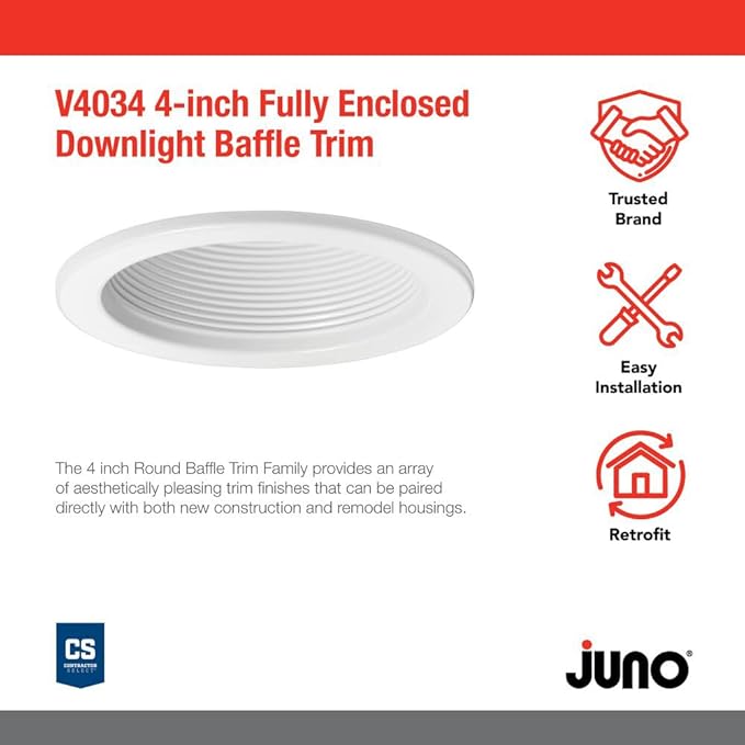 Juno VuLite 4" Recessed Light Trim, Air-Loc and Wet Rated Recessed Lighting Trim for New Construction and Remodel, Downlight Baffle Trim with Torsion Springs, Fits IC23, IC22, IC22R Can Light Housings