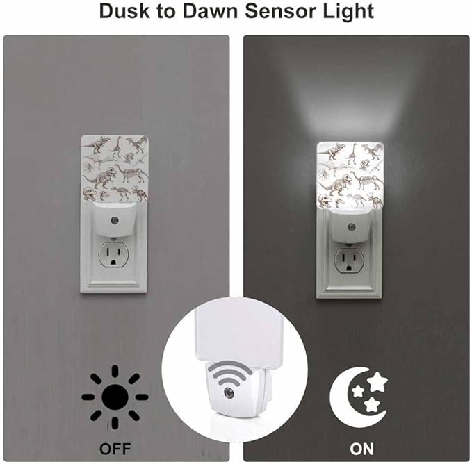 Dinosaurs Night Lights Plug into Wall Bone Fossils Mammoth Stegosaurus Night Light with Dusk to Dawn Sensor for Home Bedroom Bathroom Living Room 0.5W Sleep-Friendly