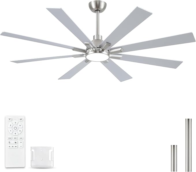 62 Inch Ceiling Fans with Lights and Remote, Nickel Large Ceiling Fan for Bedroom Living Room Indoor/Outdoor, 6 Speed Reversible DC Motor, 3CCT, Downrod, Dual Color 8 Blades, ETL Listed