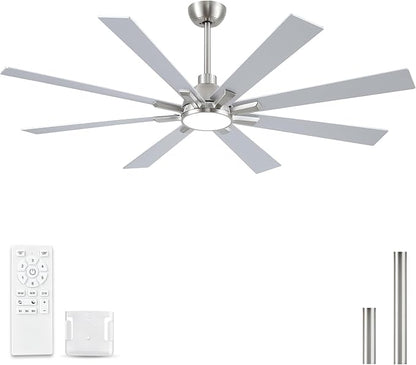 62 Inch Ceiling Fans with Lights and Remote, Nickel Large Ceiling Fan for Bedroom Living Room Indoor/Outdoor, 6 Speed Reversible DC Motor, 3CCT, Downrod, Dual Color 8 Blades, ETL Listed