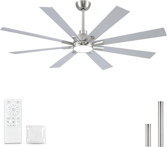 62 Inch Ceiling Fans with Lights and Remote, Nickel Large Ceiling Fan for Bedroom Living Room Indoor/Outdoor, 6 Speed Reversible DC Motor, 3CCT, Downrod, Dual Color 8 Blades, ETL Listed