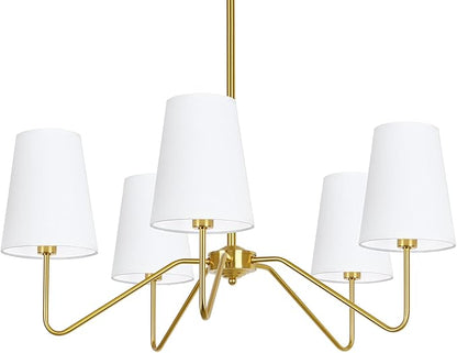 5-Light Modern Chandelier with White Shades, 30” Brass Gold Chandelier for Dining Room, Classic Pendant Ceiling Light Fixture w/ E12 Base Hanging Lamp for Living Room Hallway Bedroom Height Adjustable