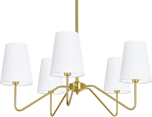 5-Light Modern Chandelier with White Shades, 30” Brass Gold Chandelier for Dining Room, Classic Pendant Ceiling Light Fixture w/ E12 Base Hanging Lamp for Living Room Hallway Bedroom Height Adjustable