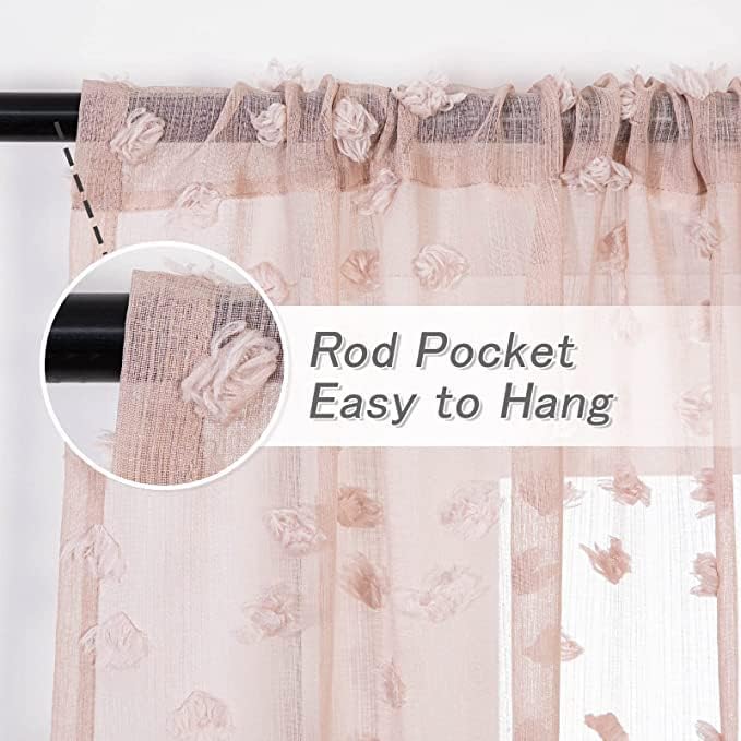 MYSKY HOME Pink Sheer Short Curtains for Small Windows Kitchen 45 inch Long with Pom Pom Bedroom Nursery Kids Girls Room Curtains Cafe Light Filtering Boho Drapes, Rod Pocket,52" Wide, 2 Panels